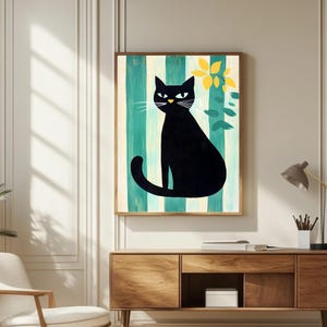 Cat Art Print, Whimsical  Cat Wall Art, Cute Pet Portrait, Cat Lover Gift, Green Aesthetic Cat Poster Cute Kitten Illustration Digital
