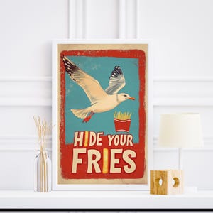 Funny Seagull Print Cute Beach Poster Ocean Wall Art Trendy Coastal Decor French Fries Print Cute Beach House Decor Digital Download