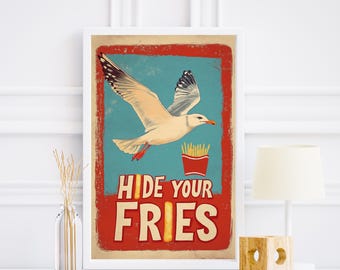 Funny Seagull Print Cute Beach Poster Ocean Wall Art Trendy Coastal Decor French Fries Print Cute Beach House Decor Digital Download
