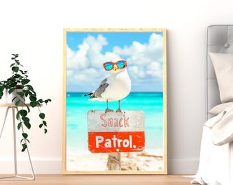Funny Seagull Print Cute Beach Poster Ocean Wall Art Trendy Coastal Decor French Fries Print Cute Beach House Decor Digital Download