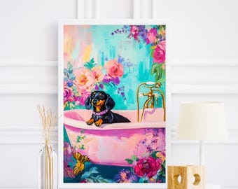 Black Dachshund in a bathtub, Funny bathroom wall art, Mid century modern dog wall art, Matisse print, Dopamine decor, Pink tropical poster