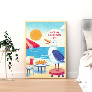 Impresión divertida de gaviota, lindo póster de playa, arte de pared oceánico, decoración costera de moda, impresión de papas fritas, linda decoración de casa de playa, descarga digital