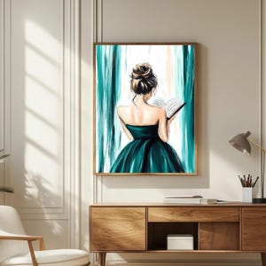 Emerald Green modern reading woman art, book  lover green illustration minimalist striped design, abstract woman portrait, digital print