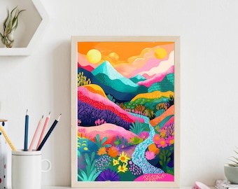 Vibrant Abstract Mountain Artwork, Colorful Wall Art, Abstract Art, Patchwork, Illustration, Living Room Print, Scenery Art, Floral prints