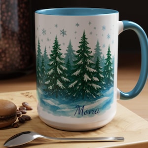 Personalized name Snowy Pine Tree Winter Scene Mug | Accent Coffee Mug 11oz 15oz, Christmas Mug, Personalized Christmas Gift,Custom Name Mug