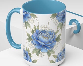 Blue Peony Floral Mug, Stained Glass Style Flower Coffee Mug, Elegant Gift for Mom Grandma, Ceramic Tea cup