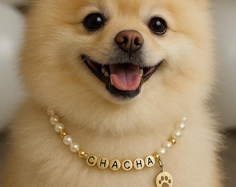 May include: A smiling Pomeranian dog with light tan fur wearing a pearl necklace with the name "CHACHA" spelled out in gold letters. A gold charm with a paw print hangs from the necklace. White balloons are in the background.