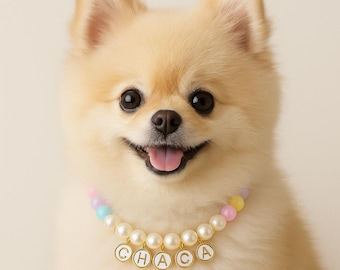 Può includere: Un cane Pomerania sorridente con pelo marrone chiaro, che indossa una collana di perle con perline colorate e ciondoli dorati con lettere che compongono la parola "CHACA". Il cane ha occhi scuri e una lingua rosa.