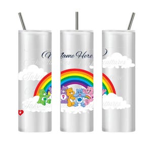 Personalized Care Bears Tumbler: Rainbow Cloud 20oz Stainless Steel Cup