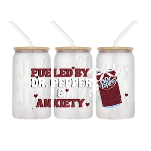 Fueled by Dr Pepper Glass Cup | Funny Soda Lover Iced Coffee Cup with Lid & Straw | Dr Pepper Gift for Anxiety Humor Fans
