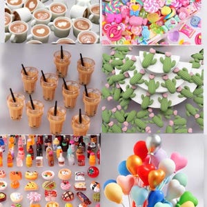 May include: A collage of miniature food and drink items. Includes small white coffee cups with latte art, clear cups of iced tea with straws, green cactus-shaped decorations, colorful candies, miniature food items, and a cluster of balloons.