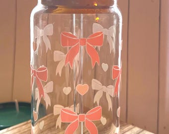 Glass Tumbler Coquette Summer Drink Bow and Heart Cup Gift for Girlfriend
