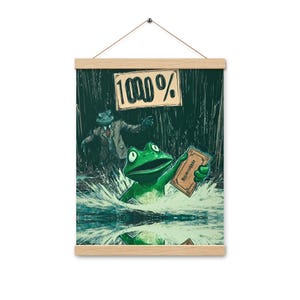 May include: A green frog wearing a green hat with the word "1000%" on it, holding a certificate that says "Bon Appétit!" in a dark green forest setting.