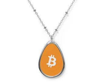 May include: A silver chain necklace with a teardrop-shaped pendant. The pendant is orange with a white Bitcoin symbol.