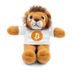 May include: A plush lion wearing a white t-shirt with an orange Bitcoin symbol on the front.