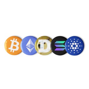 May include: Five round buttons with different cryptocurrency logos. The buttons are orange, blue, yellow, black, and blue. The logos are Bitcoin, Ethereum, Dogecoin, Binance, and Polkadot.