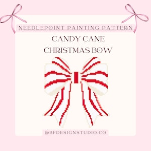 May include: A digital needlepoint painting pattern showing a candy cane Christmas bow. The bow is white with red stripes, set against a light beige background. The text reads "Needlepoint Painting Pattern" and "Candy Cane Christmas Bow".