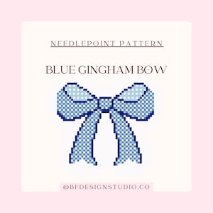 May include: A digital needlepoint pattern titled "Blue Gingham Bow" is displayed on a pink background. The bow is rendered in a pixelated style, featuring a blue and white gingham pattern. The text "NEEDLEPOINT PATTERN" and "@BFDESIGNSTUDIO.CO" are also visible.