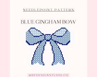May include: A digital needlepoint pattern titled "Blue Gingham Bow" is displayed on a pink background. The bow is rendered in a pixelated style, featuring a blue and white gingham pattern. The text "NEEDLEPOINT PATTERN" and "@BFDESIGNSTUDIO.CO" are also visible.