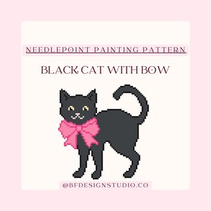 May include: A black cat with a pink bow, pixelated in a needlepoint painting pattern. The cat has yellow eyes and a white mouth. The text "BLACK CAT WITH BOW" is above the cat. The text "NEEDLEPOINT PAINTING PATTERN" is above the text.