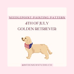 May include: A needlepoint painting pattern featuring a pixelated golden retriever wearing a red, white, and blue flag-patterned bandana. The text reads NEEDLEPOINT PAINTING PATTERN, 4TH OF JULY, GOLDEN RETRIEVER, and @BFDESIGNSTUDIO.CO on a light pink background.