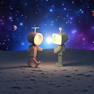Pode incluir: Duas figuras robóticas em uma superfície lunar sob um céu estrelado. Uma tem uma cabeça circular com uma antena em forma de T, a outra uma cabeça quadrada. O fundo apresenta um gradiente de azul, roxo e preto, com planetas visíveis.
