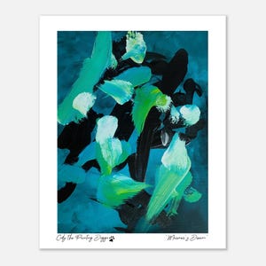 Può includere: Dipinto astratto in tonalità di blu, verde e nero. Il dipinto è intitolato "Maxwell's Dream" ed è firmato "Cody the Painting Doggo".