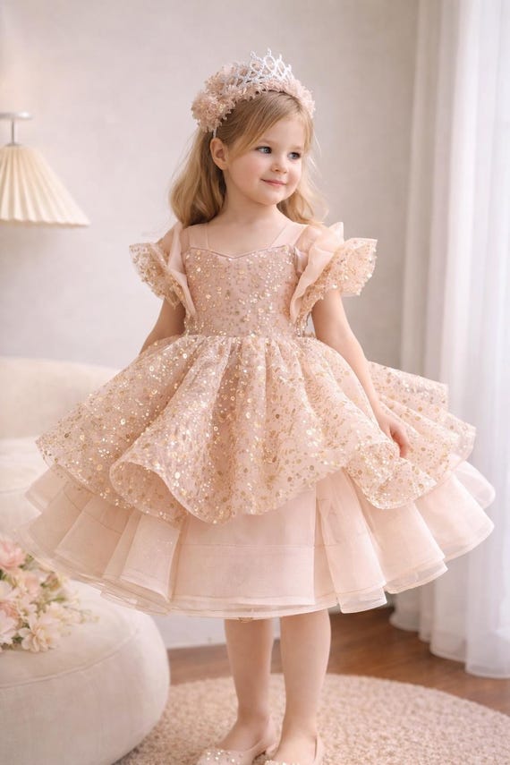 Blush Pink Sequin Tulle Dress, Champagne Gold Flower Girl Outfit, First Birthday Smash Cake
