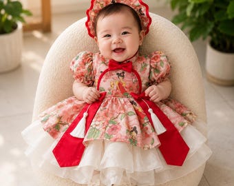 Babyjurk met bloemenprint | Jurk voor het Mid-Autumn Festival | Tet-outfit | Jurk voor Chinees Nieuwjaar | Jurk voor de eerste verjaardag | Peuterjurk in Koreaanse stijl