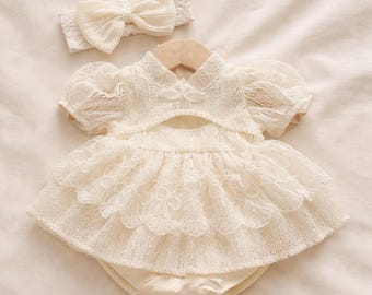 Ivory Lace Baby Romper Dress, First Birthday Outfit Girl, Christening Baptism Outfit, Baby Photoshoot Outfit, Flower Girl Romper (NB–18M)