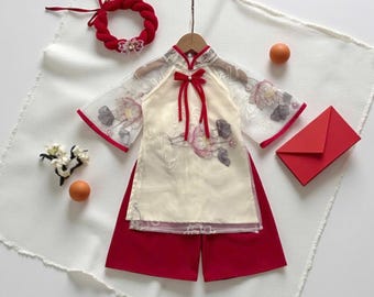 Baby & Little Girl Ao Dai Set (NB–7Y)| Vietnamese Traditional Dress for Kid| Red Embroidered Cultural Outfit | Lunar New Year| Ceremony Wear