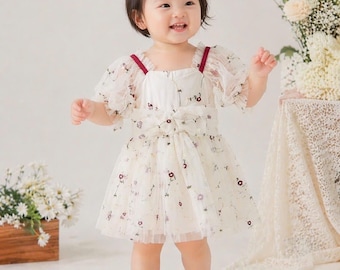 Floral Embroidered Tulle Baby Dress | First Birthday Cake Smash Outfit