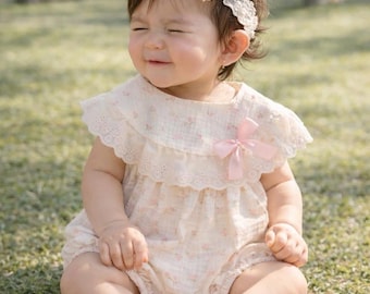 Baby First Photoshoot Outfit | Vintage Lace Romper Set with Collar & Headband | Newborn Coming Home Outfit (NB–18M)