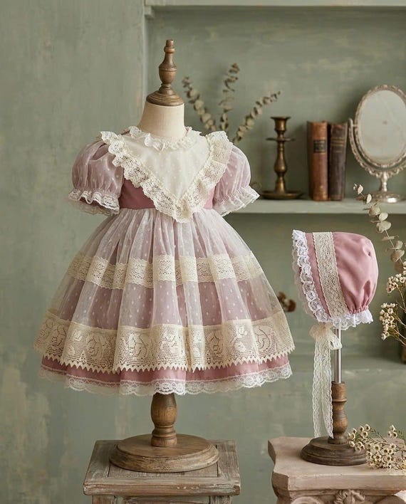 Vintage Baby Girl Dress With Bonnet, Sage & Violet Lace Heirloom Dress, Cottagecore Birthday Outfit, Flower Girl Photoshoot Dress 9M-6Y