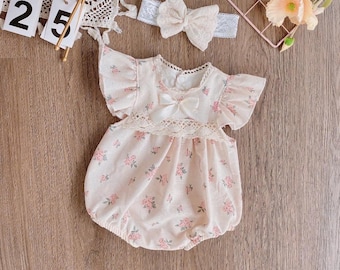 Baby Shower Gift for Baby Girl – Vintage Floral Lace Romper – Newborn Coming Home Outfit – Handmade Boutique Infant Clothes 0–18M