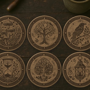 Dark Academia Nature Coaster SVG-set – 6 lasergravureontwerpen voor ronde houten onderzetters, rustiek-botanisch gegraveerd decor, digitale download