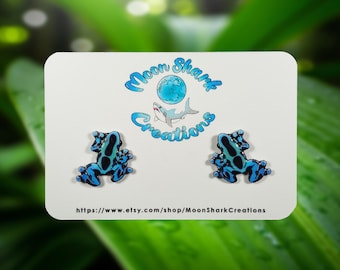 Blue Poison Dart Frog Stud Earrings | Shrink Plastic, Resin Coated