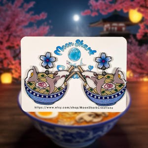 Hammerhead Shark Ramen Bowl Earrings: Kawaii Noodle Soup Dangle