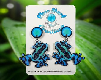 Blue Poison Dart Frog Earrings | Shrink Plastic UV Resin Dangle Earrings