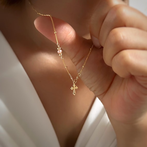 Pink pearl and tiny cross charm dainty necklace (14K gold filled / Pink freshwater pearl)