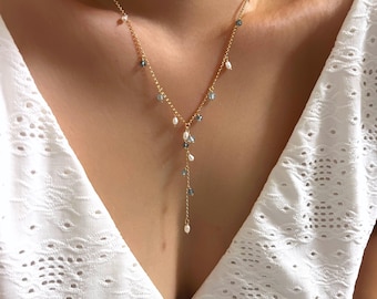 Topaz and pearl Teruko lariat necklace (14K gold filled / Blue topaz / London blue topaz / Freshwater pearl) November birthstone