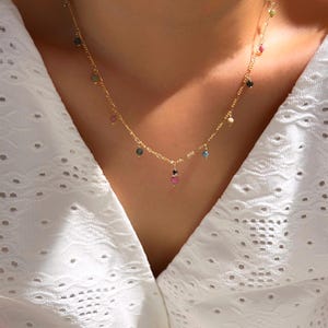 トルマリン ステーション ダングル 華奢ネックレス (14K ゴールドフィルド / トルマリン)