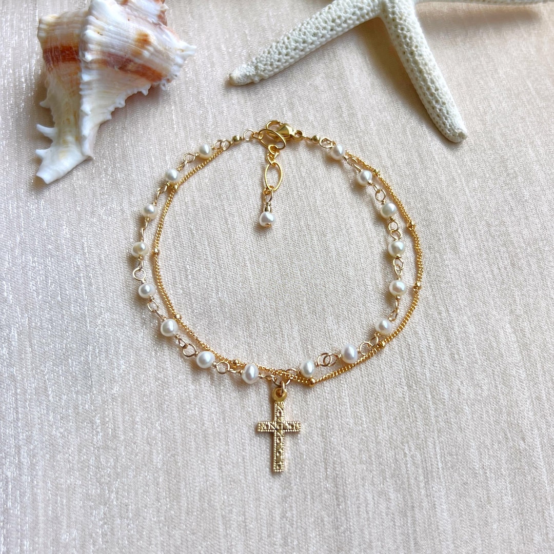 White Pearl Rosary Double Strand Dainty Bracelet (14K Gold Filled ...