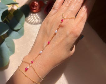 Ruby and pearl Asher double strand hand chain (14K gold filled)