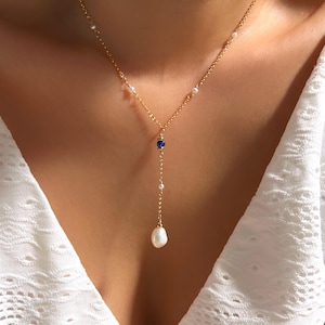 Barockperle und Saphir-Anhänger (14K gold filled / Echter Saphir / Süsswasserperle)