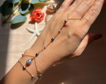 Cadena colgante de doble hebra Miano con perlas barrocas grises y perlas negras iridiscentes (chapado en oro de 14 quilates / perlas de agua dulce).