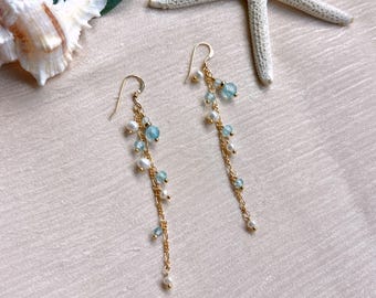 Blue topaz and white pearl Kinomi station dangle earrings (14K gold filled)