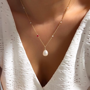 Baroque pearl and ruby dainty necklace (14K gold filled / Genuine ruby)