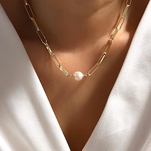 Baroque pearl paper clip chunky chain necklace (14K gold filled / Freshwater pearl) June birthstone