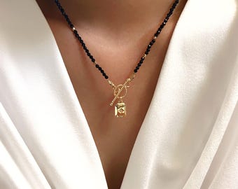 Black spinel rectangle North Star charm beaded toggle necklace (14K gold filled / Black spinel)